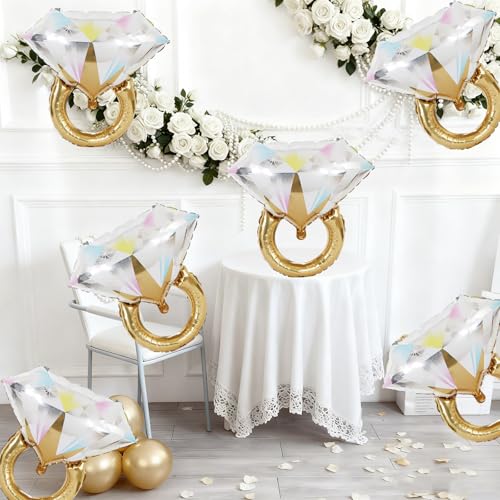 6 Pcs Diamond Ring Balloons Foil, Large Engagement Ring Balloon Marriage Wedding Foil Balloons for Engagement Bridal Shower Just Engaged Bachelorette Anniversary Party Decorations Supplies - style: Diamond