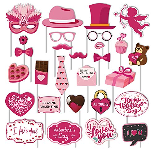 Valentines Day Photo Booth Props Kit, 28PCS Photography Props, Funny DIY Picture Selfie Accessories for Valentine’s Day Wedding Party Suppliers Favor Birthday Shower Decoration Decor