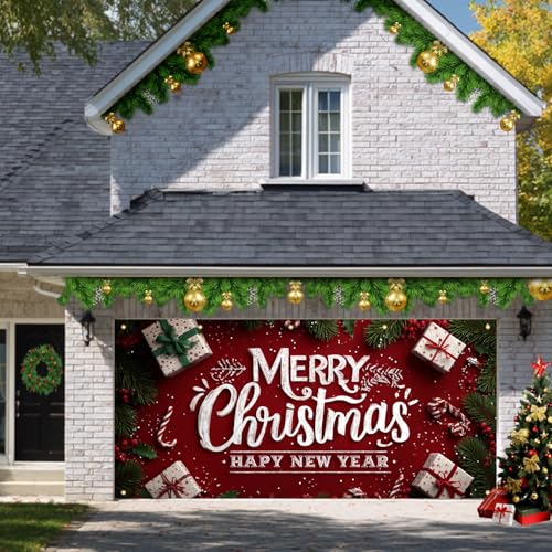 HOMETITUTE Christmas Garage Door Cover 13x6ft Merry Christmas Happy New Year Lettering Holiday Banner Red Green Gift Boxes Candy Canes Winter Backdrop Seasonal Wall Display Outdoor Indoor Party - color: Garage Banner#9
