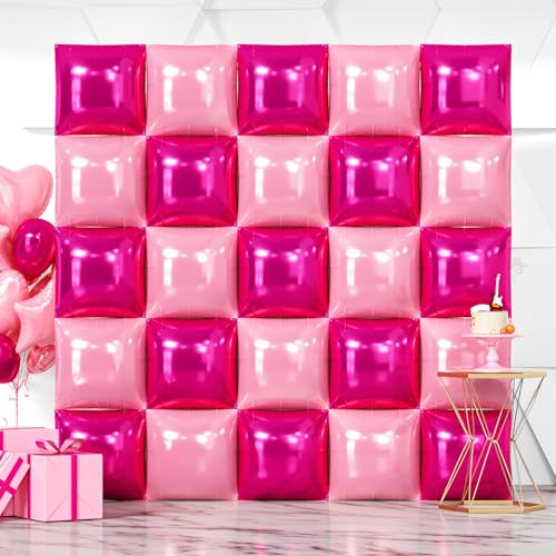 NISOCY 25PCS Hot Magenta Pink Square Foil Balloons Wall Backdrop Double Sided Metallic Pink Balloons Arch Kit for Galentines Valentines Day Bachelorette Birthday Engagement Bridal Party Decorations - color: A01 - Hot Magenta and Pearlescent Pink, size: 25