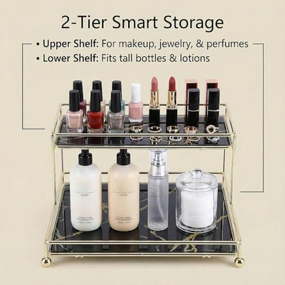 Makeup Organizer Shelf, 2-Tier Cosmetic Storage Basket with Glass Tray, Wire Vanity Organizer Rack for Bathroom, Countertop, Dresser and More, Medium Size