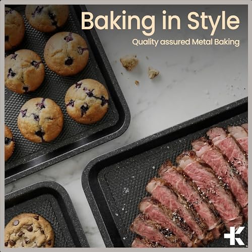 BAKKEN Kitchen Baking Pans - Small, Medium, and Large Cookie Pan (13.58×9.65, 15.75×11, 17.91×12.60), Nonstick, Diamond Texture Bottom, PFOA, PFOS, PTFE Free, Oven Safe (450°F), Pack of 3, Gray Marble - color: Gray Marble, size: Pack of 3