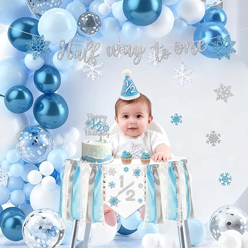 1/2 Birthday Snowflake Half Birthday Decorations - Snowflake It's My 1/2 Birth Banner Glitter Cake Topper Tassel High Chair Banner & Crown, Hat Halfway to One Boy Girl Party Supplies - color: White