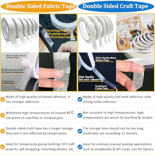 Double-Sided Fabric Tape, Hem Tape No Sew Double Sided Tape for Crafts Arts, 6 Rolls Strong Adhesive Cloth Sewing Tape for Hemming, Clothing Repairs, Pants, DIY Projects, Paper Backing (0.6/0.8/1inch) - size: 15mm*2 / 20mm*2 / 25mm*2