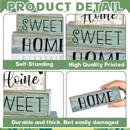Moucuny 4 Pcs Wooden Farmhouse Table Decor Rustic Home Sweet Home Stacked Blocks Decoration Farmhouse Tiered Tray Decor Decorative Eucalyptus Block Signs Gift for Kitchen Shelf Coffee Table - style: Eucalyptus