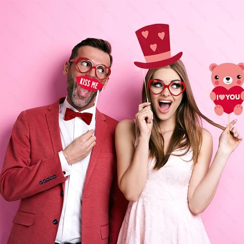 AUOCATTAIL Valentine's Day Photo Booth Props 20 Pcs DIY Red Valentine Theme Funny Photo Props for Valentine's Day Wedding Birthday Party Decorations Supplies