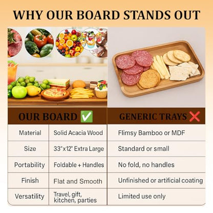 Large Charcuterie Board with Handles – 33 x 12 Inch Extra Large Acacia Wood Foldable Long Serving Tray – Portable Big Cheese Board and Long Cutting Board for Appetizers, Party, or Travel