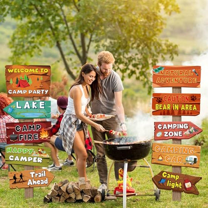 Hooqict 20 Pieces Camping Themed Party Decorations Camping Party Directional Signs for Summer Camp Decor Welcome to Camp Birthday Party Supplies Classroom Wall Door Porch Yard Sign - style: Camping