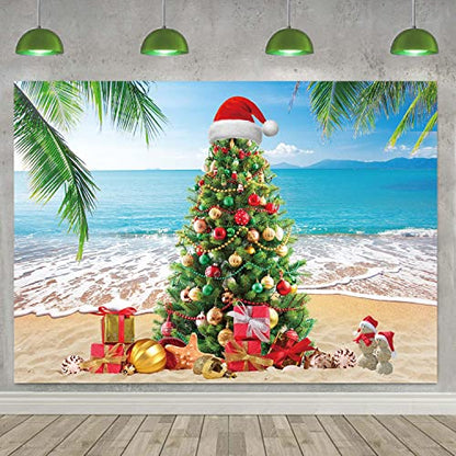 July Christmas Tree Photography Backdrop - Tropical Beach Palm Leaves Blue Sky Ocean Family Holiday Party Photo Backdrop (8X6FT(94X70inch)) - size: 8X6FT(94X70inch)