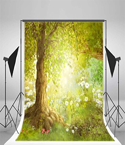 AOFOTO 6x8ft Enchanted Forest Photography Backdrop Spring Meadow Landscape with Daisies Flowers Sunlit Tree Background Nature Wildflowers Garden Scene Fairy Tale Theme Kids Baby Photo Shoot Props - size: 6x8ft