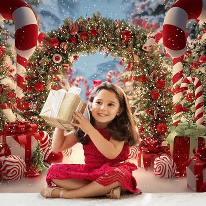 Mocsicka Christmas Candy Cane Backdrop Red Candy Land House Xmas Photography Backdrop Winter Snow Scene Christmas New Year Family Holiday Party Decorations Photo Booth Props (7x5ft (82x60 inch)) - size: 7x5ft (82x60 inch)