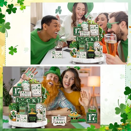 Yuntau 24 Pcs St Patrick's Day Tiered Tray Decor St Patty's Day Decorations Shamrock Irish Lucky Wooden Signs St. Patrick's Day Table Home Kitchen Bar Decoration - style: Retro
