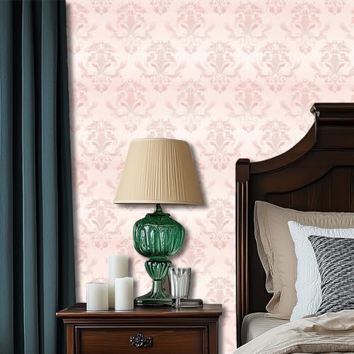 HOMETITUTE Wallpaper Peel and Stick Soft Pink Classic Damask Contact Paper Wall Paper Stick 17.7" x 118.1" Self Adhesive Removable Vinyl Wall Covering Bedroom Kitchen Bathroom Home Decor - color: Pink Classic Damask