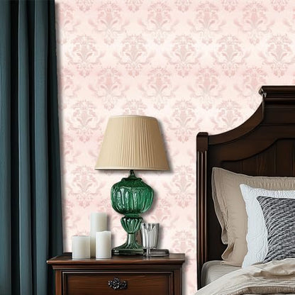 HOMETITUTE Wallpaper Peel and Stick Soft Pink Classic Damask Contact Paper Wall Paper Stick 17.7" x 118.1" Self Adhesive Removable Vinyl Wall Covering Bedroom Kitchen Bathroom Home Decor - color: Pink Classic Damask