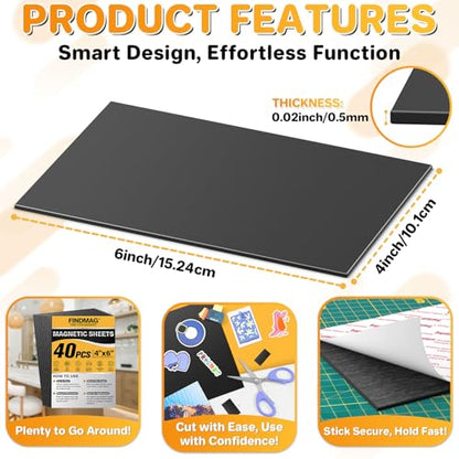 FINDMAG Magnetic Adhesive Sheets, 40PCS Magnetic Tape, Flexible Magnet with Adhesive Backing, Magnet Sheet Stickers for Crafts, Board, Photos, 4" x 6" - size: 4" x 6", style: 40p