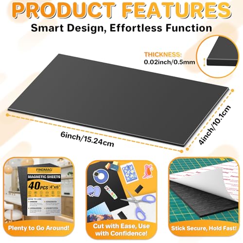 FINDMAG Magnetic Adhesive Sheets, 40PCS Magnetic Tape, Flexible Magnet with Adhesive Backing, Magnet Sheet Stickers for Crafts, Board, Photos, 4" x 6" - size: 4" x 6", style: 40p