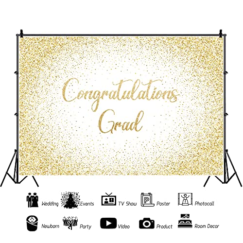 Graduation Backdrop White and Gold Glitter Congrats Grad Backdrop Banner Class of 2026 Photo Backdrops School College Congratulations Graduation Party Decoration Photography Background 7x5ft - color: White Gold, size: 7x5ft
