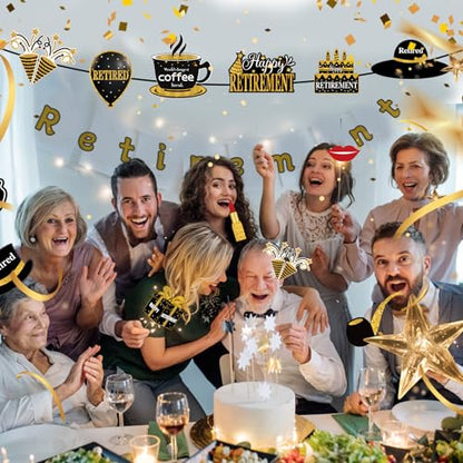 Kuxriox 30Pcs Happy Retirement Party Decorations for Men Women, Black Gold Retirement Photo Booth Props, Cheers to Retirement Party Supplies, We Will Miss You Retirement Party Sign