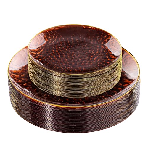 Rubtlamp 60Pcs Amber Plastic Plates - Brown Disposable Plates With Gold Rim, Clear Heavy-duty Party Plates, Hammered Plates Include 30 Dessert Platos, 30 Dinner Platos for Party - color: Clear Amber Gold