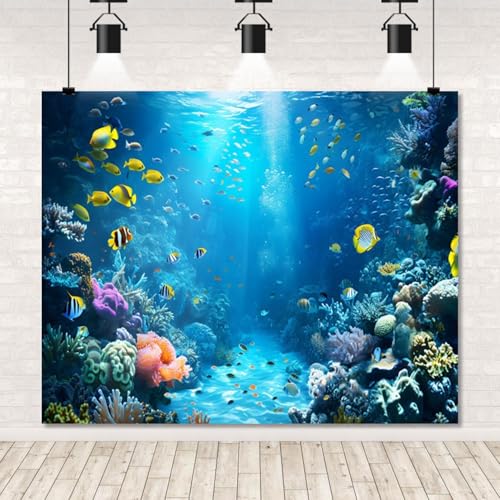 Under The Sea Backdrop 9x6ft Ocean Backdrop Underwater World Colorful Tropical Fish Coral Aquarium Deep Sea Sunlight Photography Background Birthday Under The Sea Party Decorations Photo Props - color: Blue2, size: 9x6ft