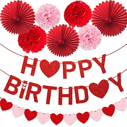 Valentine's Day Heart Birthday Banner Red Party Supplies Pink Sweet Garland Paper Fan Pom Poms Flower Photo Prop Decoration
