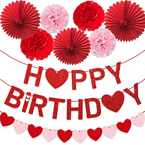 Valentine's Day Heart Birthday Banner Red Party Supplies Pink Sweet Garland Paper Fan Pom Poms Flower Photo Prop Decoration