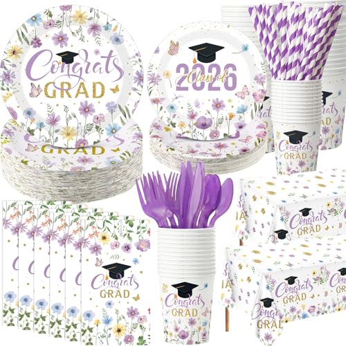 Ceenna 452 Pcs 2026 Purple Floral Graduation Party Decoration for 50, Wildflower Congrats Grad Paper Plates Napkins Cups Tablecloth Cutlery Straw Grad Tableware for Class of 2026 Party Supply - color: Purple