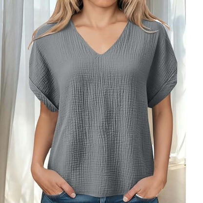 Womens Shirts Cotton Linen v Neck Short Sleeve Blouses Casual Loose Fit Textured Summer Pullovers Daily Wear - color: A03-gray, size: X-Large