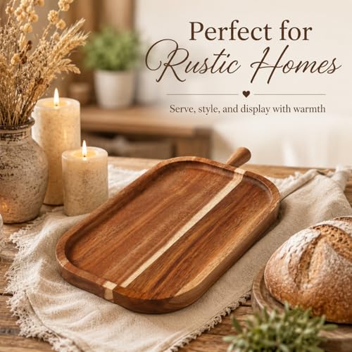 Acacia Wood Serving Board with Handle Rectangular Charcuterie Tray Acacia Dinner Platter with Natural Grain Finish Mom Gift for Food Meat Bread Appetizer Snack(16''l X 7.65''w X 1.25''d) - size: 16" x 7.7" x 1.3"