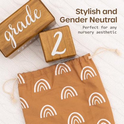Pondering Pine Baby Milestone Blocks - Natural Pine Wood with Weeks Months Years Grade - Milestones Age Block Set with Boho Rainbow Bag, Newborn Weekly Monthly First Year Picture Props, Earth Friendly - color: Brown, size: 3 Piece