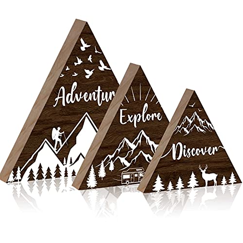 Jetec 3 Pcs 3 Size Wooden Mountain Sign for Cabin, Rustic Mountain Wall Decor, Adventure Camping Cabin Decor Sign for Living Room Bedroom Shelf Decoration(Brown) - color: Brown