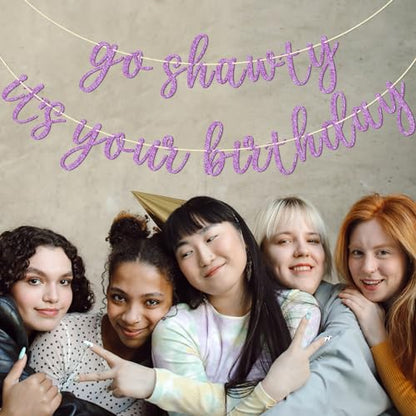 Go Shawty It's Your Birthday Banner, Hip Hop Birthday Party Decorations Supplies, Rap Theme Bday Bunting Sign, Pre-strung, Photo Props (Purple) - color: Purple