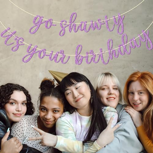Go Shawty It's Your Birthday Banner, Hip Hop Birthday Party Decorations Supplies, Rap Theme Bday Bunting Sign, Pre-strung, Photo Props (Purple) - color: Purple