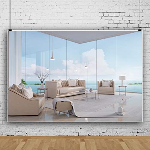 Yeele 10x8ft Modern Luxury Sea View Living Room Backdrop Beach Window House with Business Office Interior Photography Background Home Design New Lifestyle Photo Studio Props