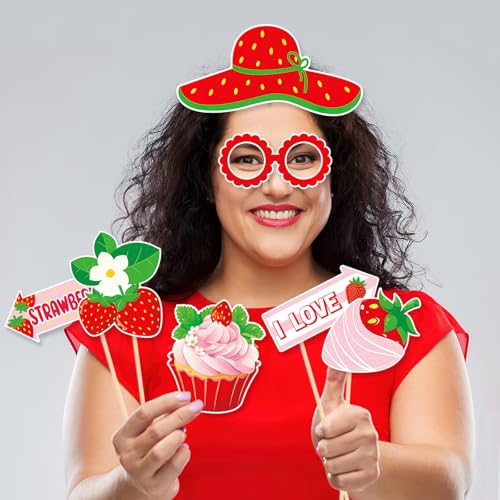 28 Pcs Strawberry Photo Booth Props Berry Sweet Theme Selfie Props for Summer Fruits Birthday Wedding Party Decoration Supplies