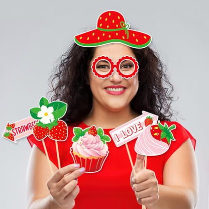 28 Pcs Strawberry Photo Booth Props Berry Sweet Theme Selfie Props for Summer Fruits Birthday Wedding Party Decoration Supplies