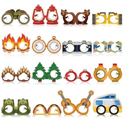 32 Pcs Camping Party Decorations Camper Theme Eyeglasses Paper Glasses Frame Hiking Photo Booth Props Camper Party Favors for Camping Baby Shower Birthday Supplies - style: Camping