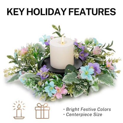 MOYEE Candle Holder Centerpieces for Tables,Candle Ring,Wreaths, Black Metal Paired Artificial Flowers 14 in Versatile Dining Table Centrepiece (Blue Purple Combination) - color: Blue and Purple Flower Wreath