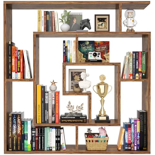 Armocity 6 Tier Display Book Shelf Wall Mounted Bookshelf Freestanding Geometric Bookcase Floating Book Shelves for Wall Bedroom Living Room Home Office, 45.5"(W) * 47"(H), Rustic Brown - color: Rustic Brown