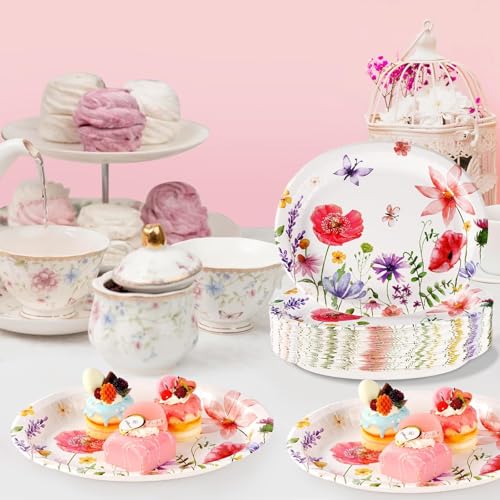 Grencian 50Pcs Floral Oval Paper Plates 10" X 12" Large Disposable Wildflower Plates Heavy Duty Watercolor Flower Platters for Spring Birthday Picnic Wedding Bridal Baby Shower Tea Party Supplies - style: Floral Oval Party Kit