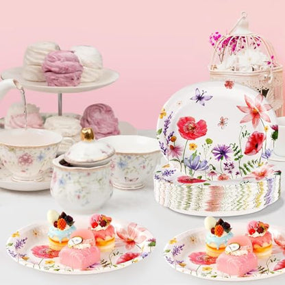 Grencian 50Pcs Floral Oval Paper Plates 10" X 12" Large Disposable Wildflower Plates Heavy Duty Watercolor Flower Platters for Spring Birthday Picnic Wedding Bridal Baby Shower Tea Party Supplies - style: Floral Oval Party Kit