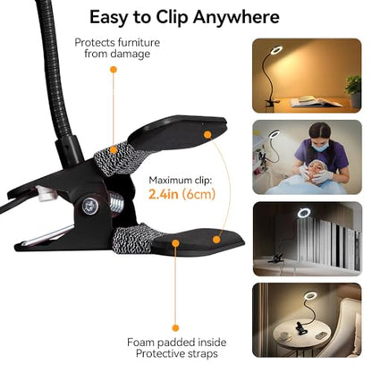 Skymore Desk Clip on Light, [3 Color Modes & 10 Brightness] LED Reading Light with Clamp, Flexible Gooseneck Book Light for Kids Reading Book in Bed, Headboard-Black - color: Black