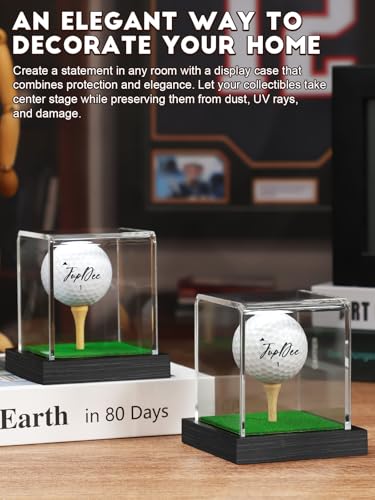 JupDec Golf Ball Display Case Clear Acrylic Memorabilia Stand Cube Holder with Wood Base & Tee, Dust Protection Transparent Storage Box for Single Ball Souvenir Golfball Collections, Black, 1 Pack