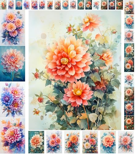 Decoupage Paper Pack (35 Sheets 6"x8") Dahlia Dreams: Lush Blooming Dahlias in Pastel and Vivid Shades with Watercolor Petals and Detailed Floral Arrangements. FLONZ Vintage - color: Nineteen