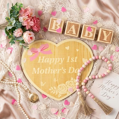 8Pcs Pregnancy Announcement Set for Mother's Day, Baby Reveal Ideas Include Pink Artificial Roses Beads Happy 1st Mother's Day Wooden Sign for Pregnancy Reveal Photo Prop Coming Soon Baby Announcement - color: Pink and White