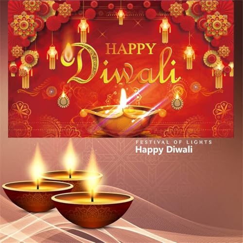 KYMY Happy Diwali Backdrop Decorations, India Festival Diwali Banner 70.9X43.3inch, Polyester Durable Festival of Lights Rangoli Photography Background for Indian Party Supplies Decor - color: Red