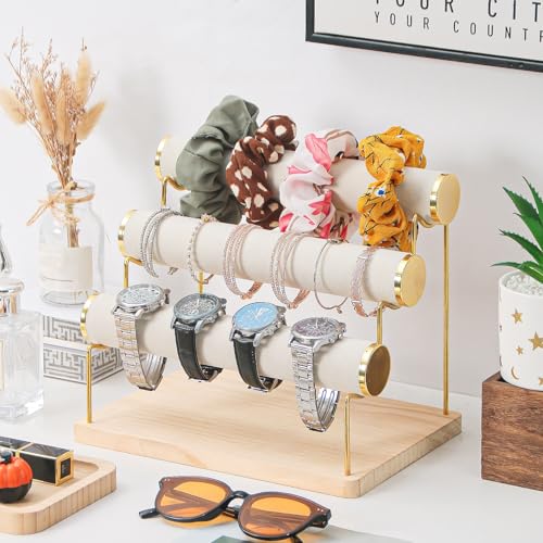 Bracelet Holder, Bracelet Displays for Vendors, 3 Tier Jewelry Organizer Stand for Selling, Jewelry Necklaces Storage Rack with Wood Base (Beige+Gold)