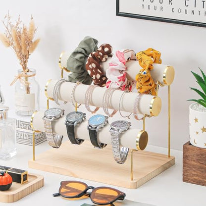 Bracelet Holder, Bracelet Displays for Vendors, 3 Tier Jewelry Organizer Stand for Selling, Jewelry Necklaces Storage Rack with Wood Base (Beige+Gold)