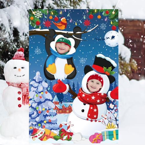 HOWAF Winter Snowman Photography Backdrop Banner, Snowman Penguin Face in Hole Props, Funny Christmas Photo Prop Background Banner for Xmas Holiday Party Decorations