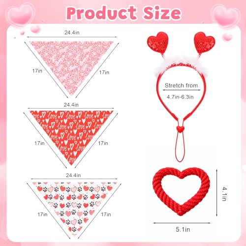 Sadnyy 9 Pcs Valentines Day Dog Outfits Set Puppy Valentines Costume Including Pet Glitter Heart Headband Bandana Triangle Scarf and Heart Shaped Chew Toy for Small Medium Pet Holiday Party